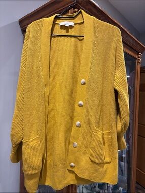 LOFT Mustard Yellow Button-Front Knit Cardigan